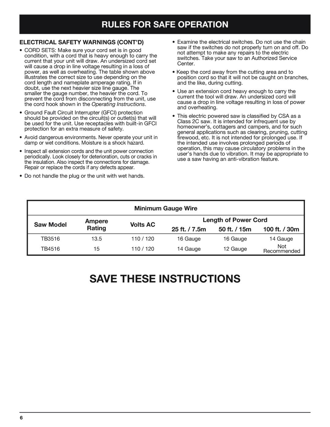 Troy-Bilt TB4516CC manual Electrical Safety Warnings CONT’D 