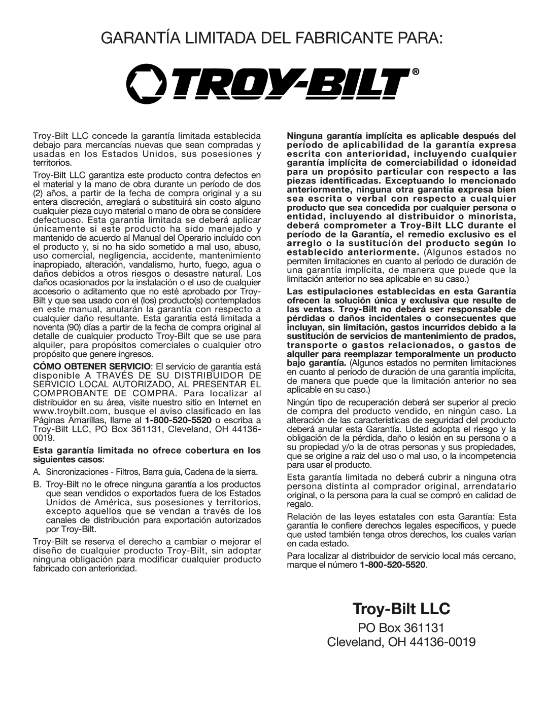 Troy-Bilt TB4516CC manual Garantía Limitada DEL Fabricante Para 