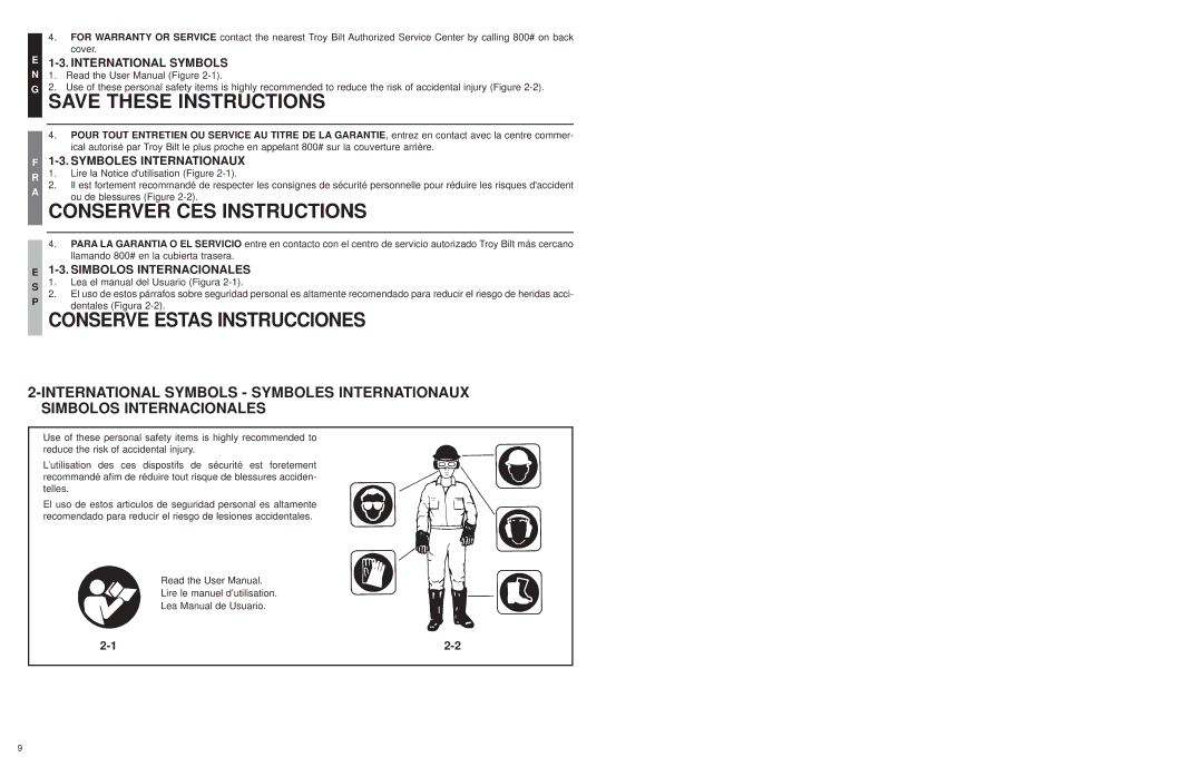 Troy-Bilt TB45E user manual International Symbols, Symboles Internationaux, Simbolos Internacionales 