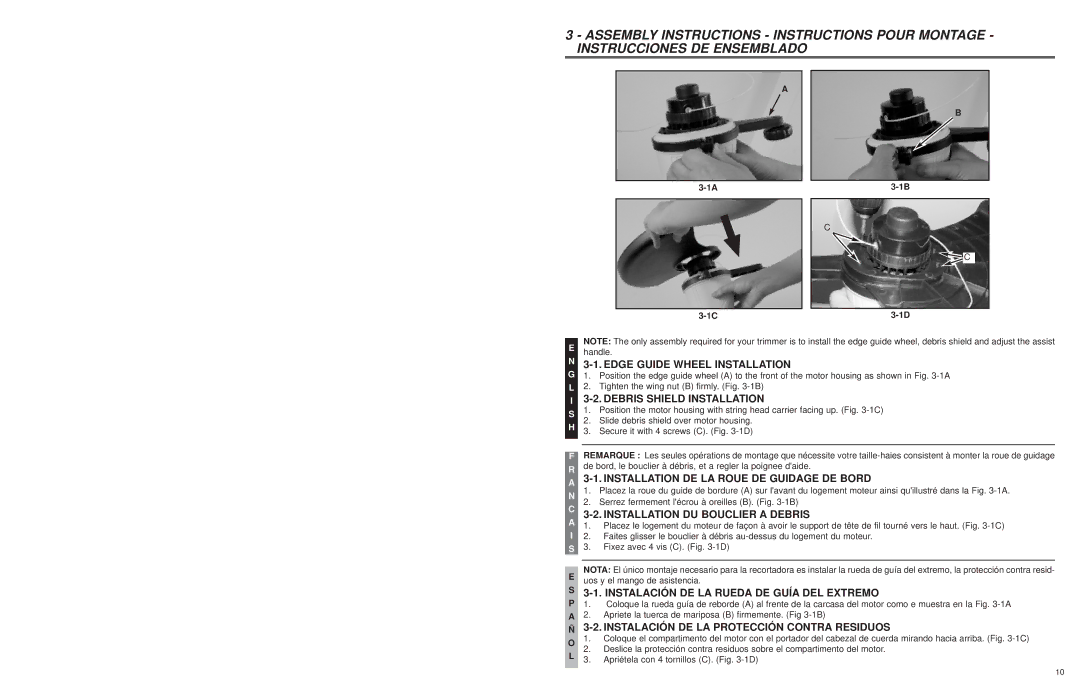 Troy-Bilt TB45E Edge Guide Wheel Installation, Debris Shield Installation, Installation DE LA Roue DE Guidage DE Bord 