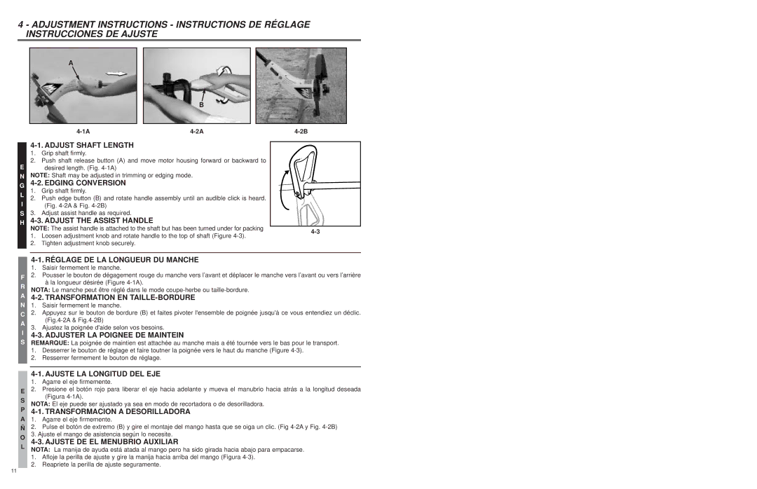 Troy-Bilt TB45E Adjust Shaft Length, Edging Conversion, Adjust the Assist Handle, Réglage DE LA Longueur DU Manche 
