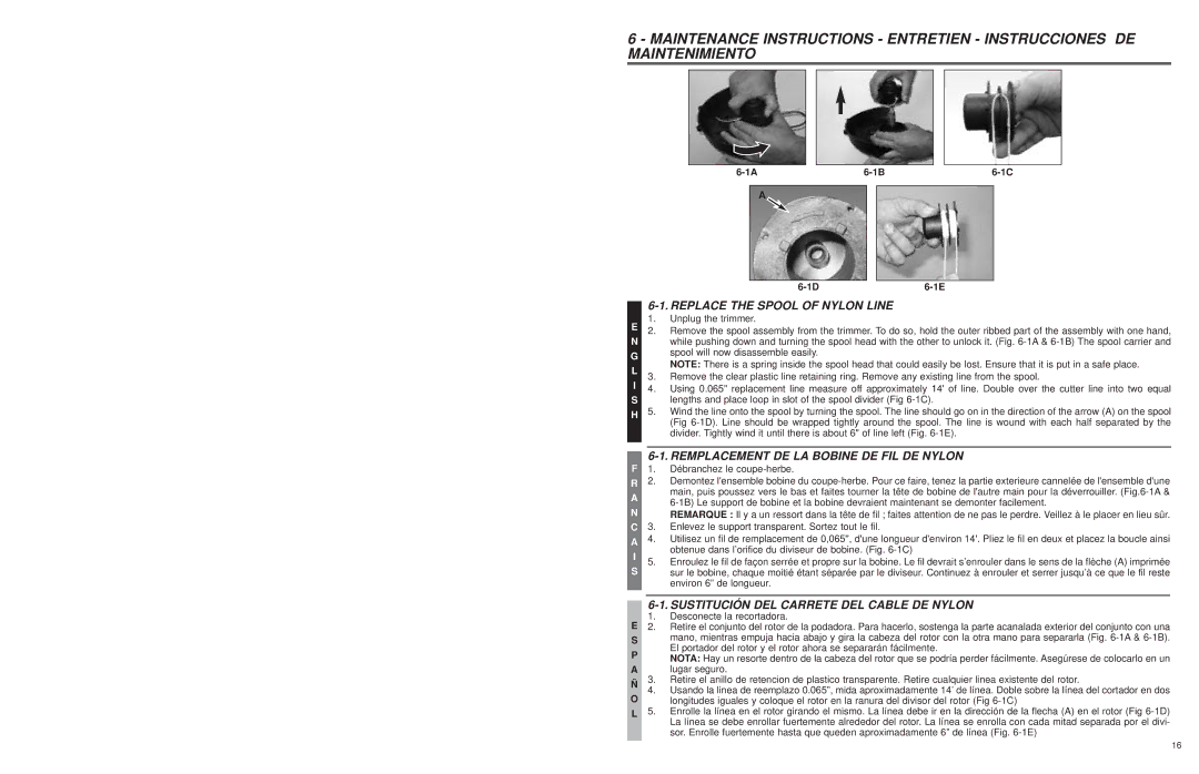 Troy-Bilt TB45E user manual Replace the Spool of Nylon Line, Remplacement DE LA Bobine DE FIL DE Nylon 