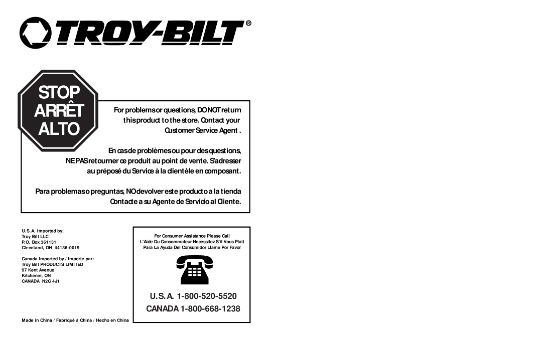 Troy-Bilt TB45E user manual Alto 