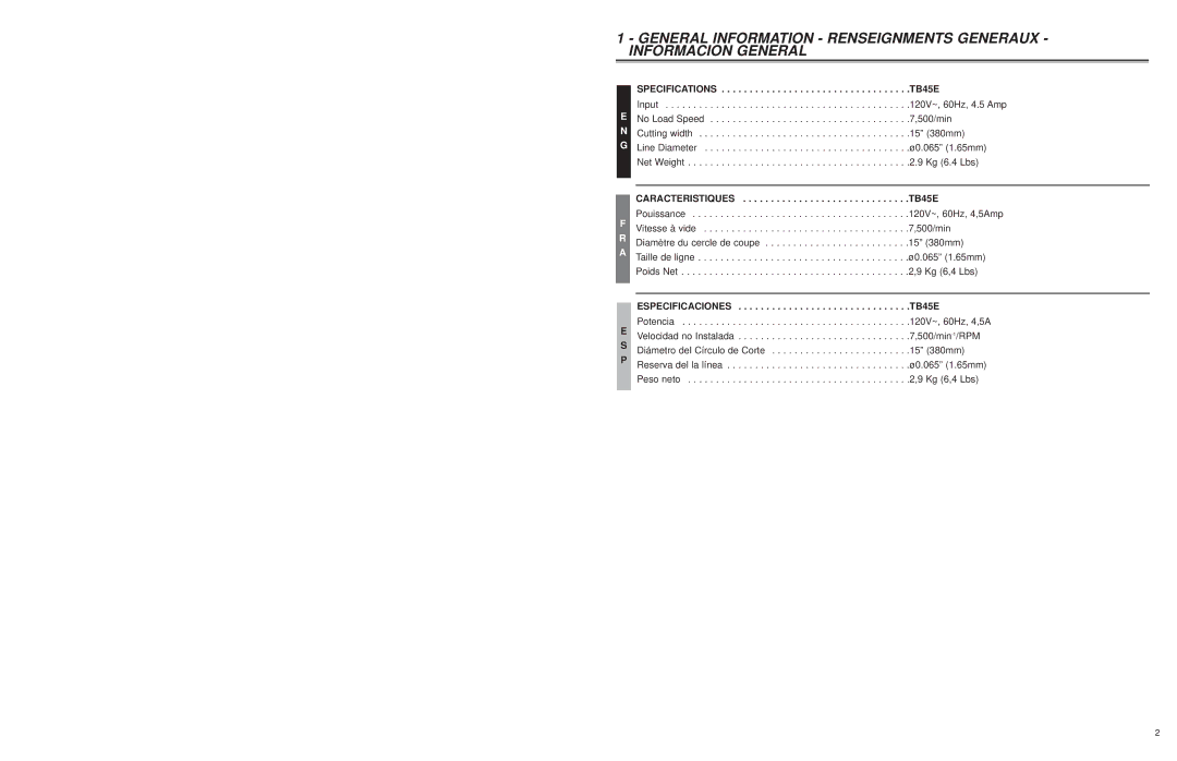 Troy-Bilt user manual Caracteristiques TB45E 