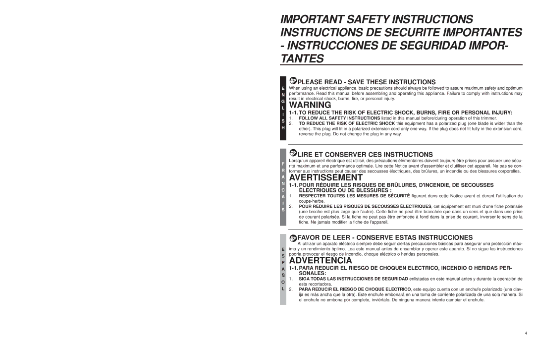 Troy-Bilt TB45E user manual Avertissement 