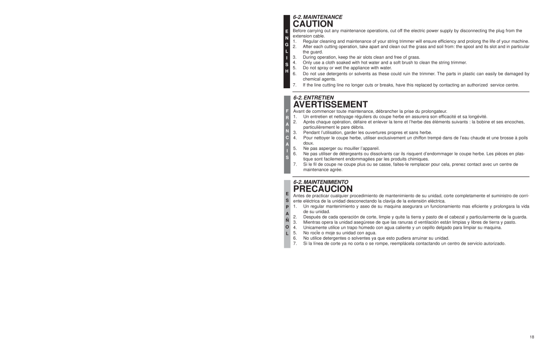 Troy-Bilt TB45E user manual Precaucion, Maintenance, Entretien, Maintenimiento, Avertissement 