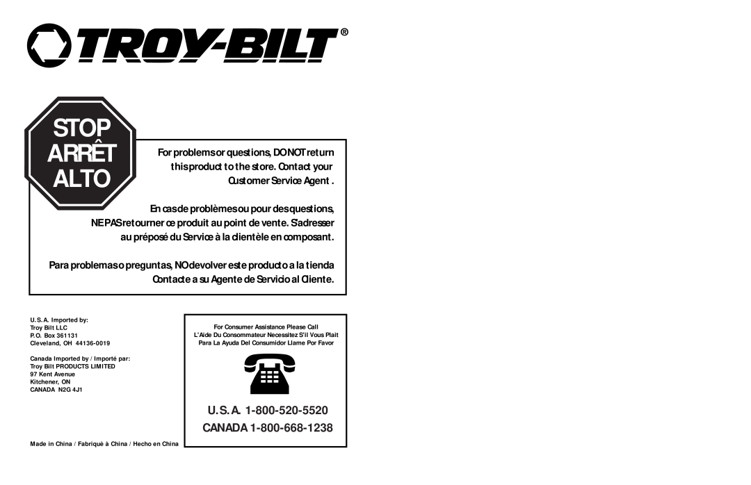 Troy-Bilt TB45E user manual Alto, Stop, Arrêt, Customer Service Agent, this product to the store. Contact your, Kent Avenue 