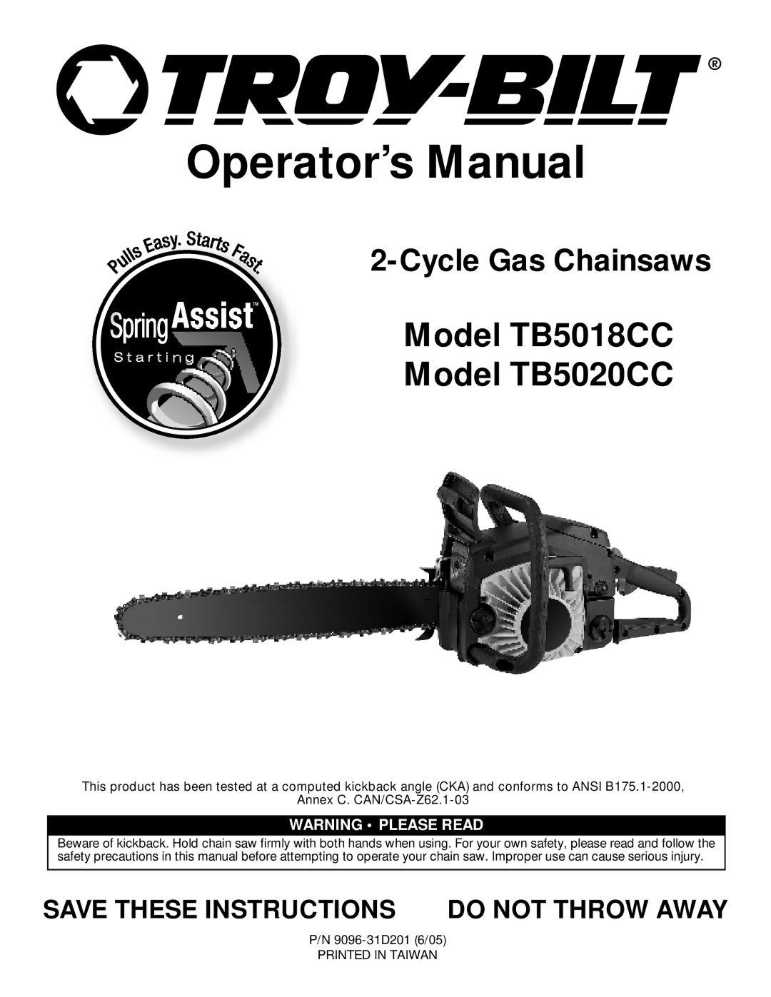 Troy-Bilt TB5018CC, TB5020CC manual Operator’s Manual, Save These Instructions do not Throw Away 