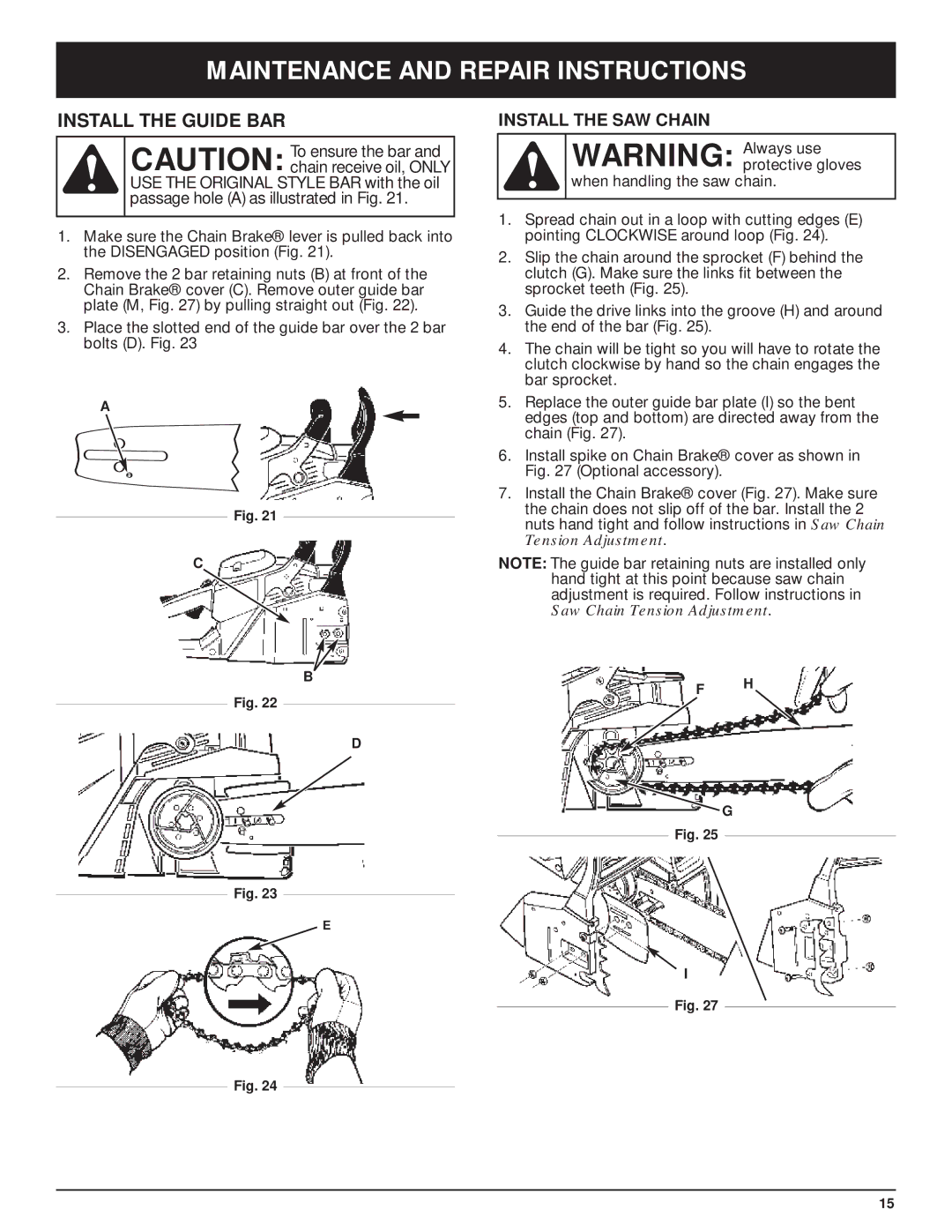 Troy-Bilt TB5018CC, TB5020CC manual Install the Guide BAR, Install the SAW Chain 