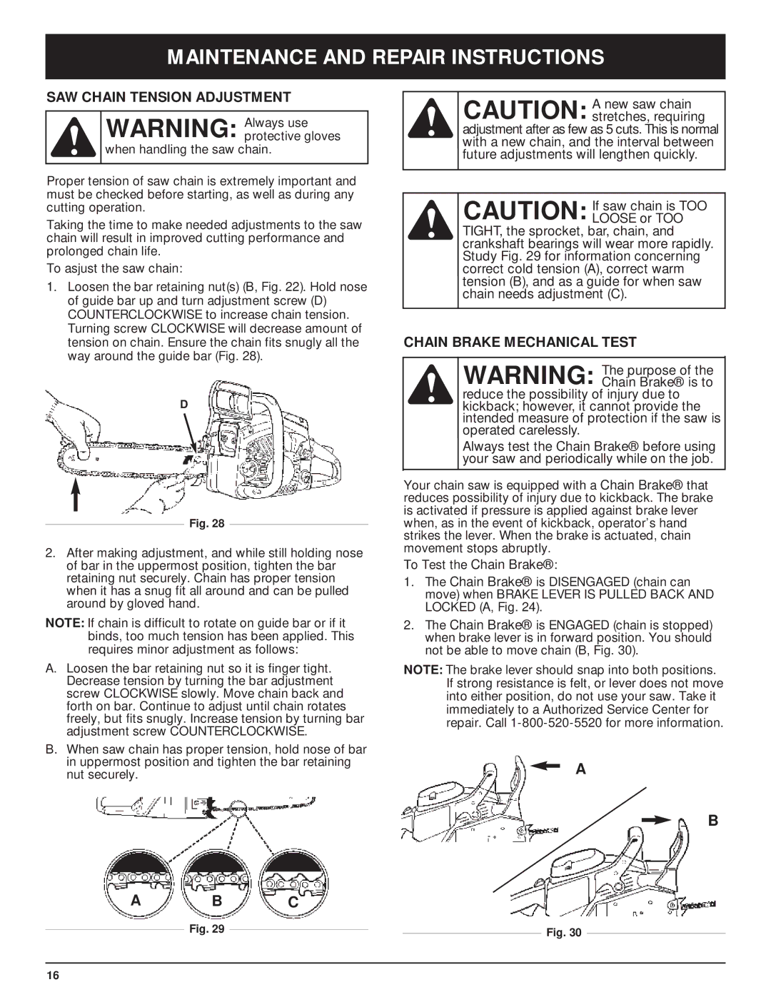 Troy-Bilt TB5018CC, TB5020CC manual SAW Chain Tension Adjustment, Chain Brake Mechanical Test 