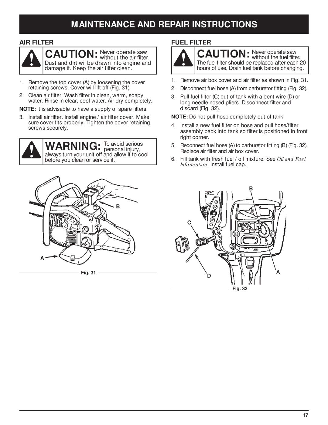 Troy-Bilt TB5018CC, TB5020CC manual AIR Filter, Fuel Filter 