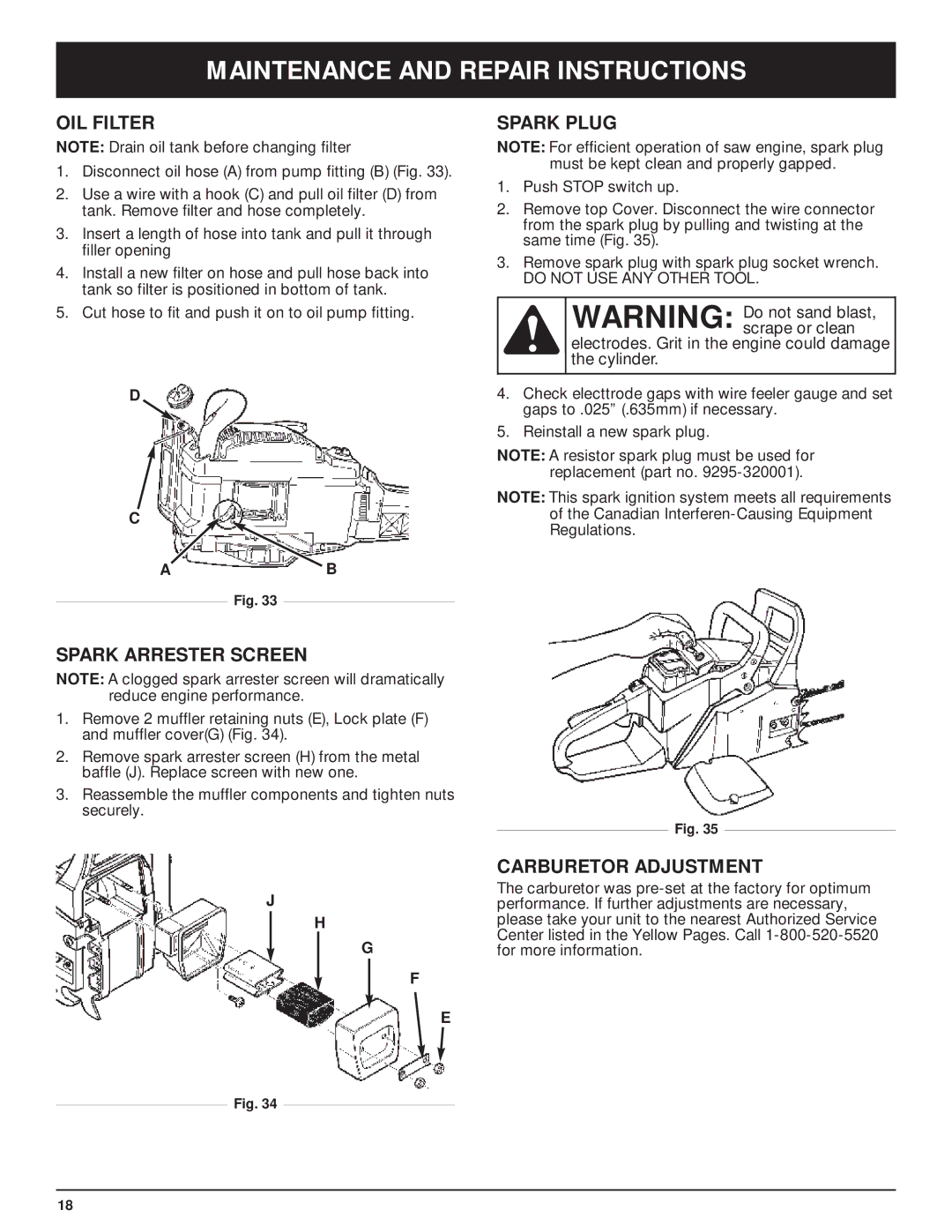 Troy-Bilt TB5018CC, TB5020CC manual OIL Filter, Spark Arrester Screen, Spark Plug, Carburetor Adjustment 