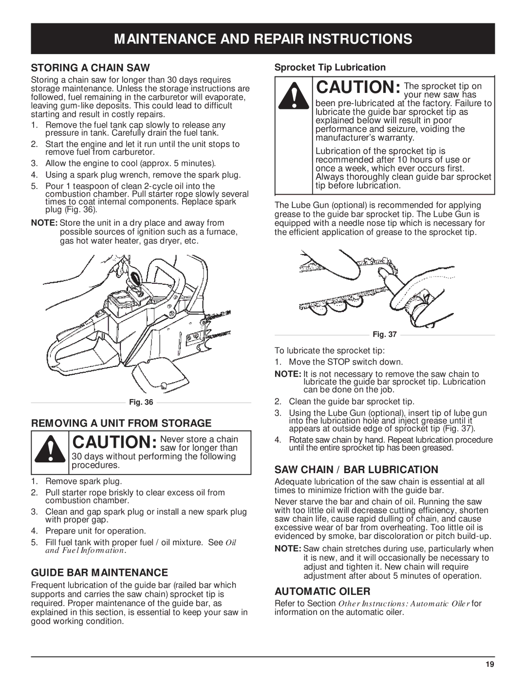 Troy-Bilt TB5018CC, TB5020CC Storing a Chain SAW, Removing a Unit from Storage, Guide BAR Maintenance, Automatic Oiler 