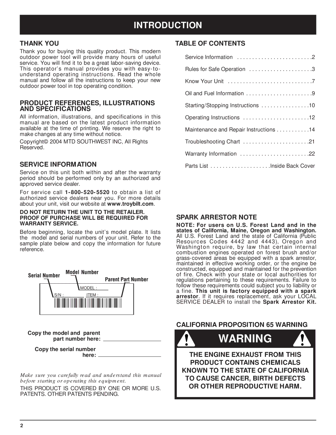 Troy-Bilt TB5018CC, TB5020CC manual Introduction 