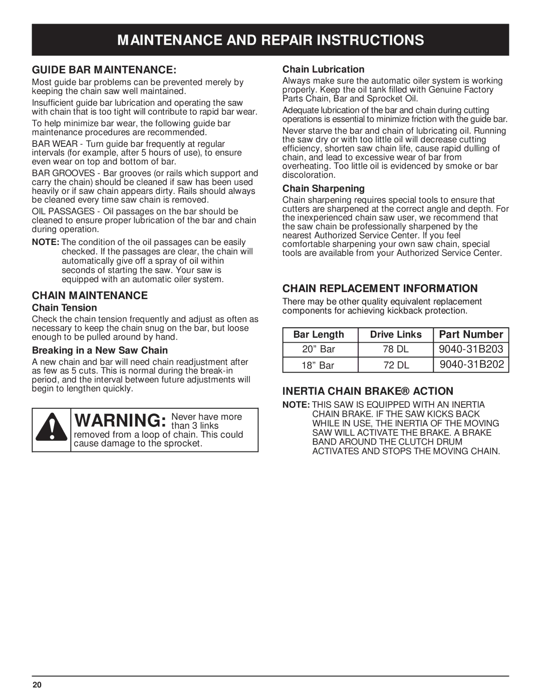 Troy-Bilt TB5018CC, TB5020CC manual Chain Maintenance, Chain Replacement Information, Inertia Chain Brake Action 