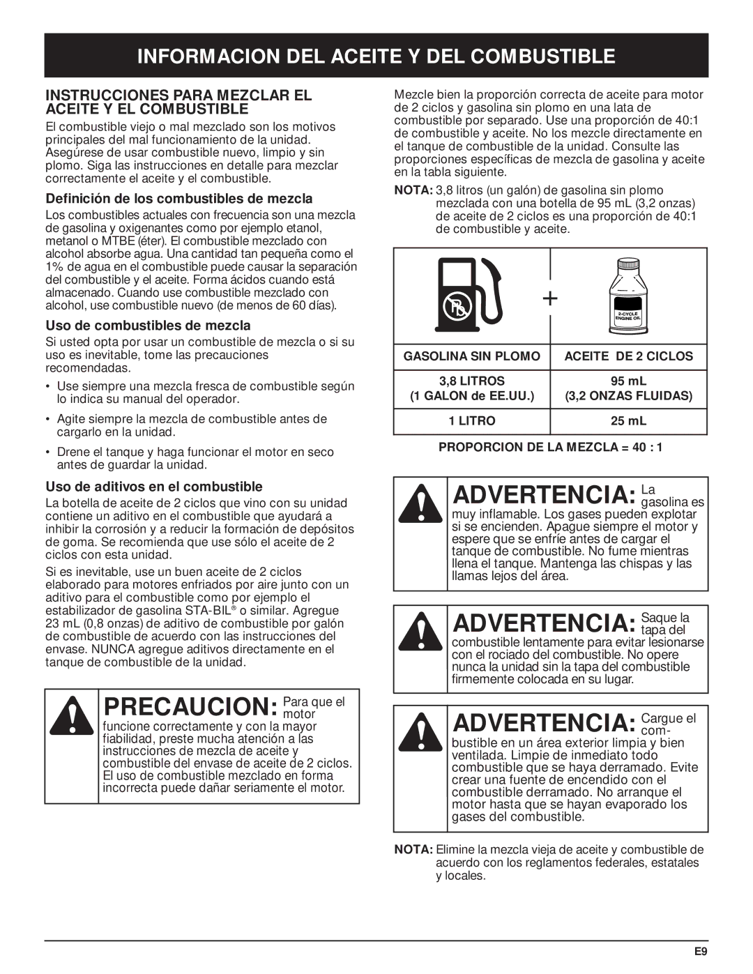 Troy-Bilt TB5018CC, TB5020CC manual Precaucion Para que el, Advertencia Lagasolina es, Advertencia Saque la 