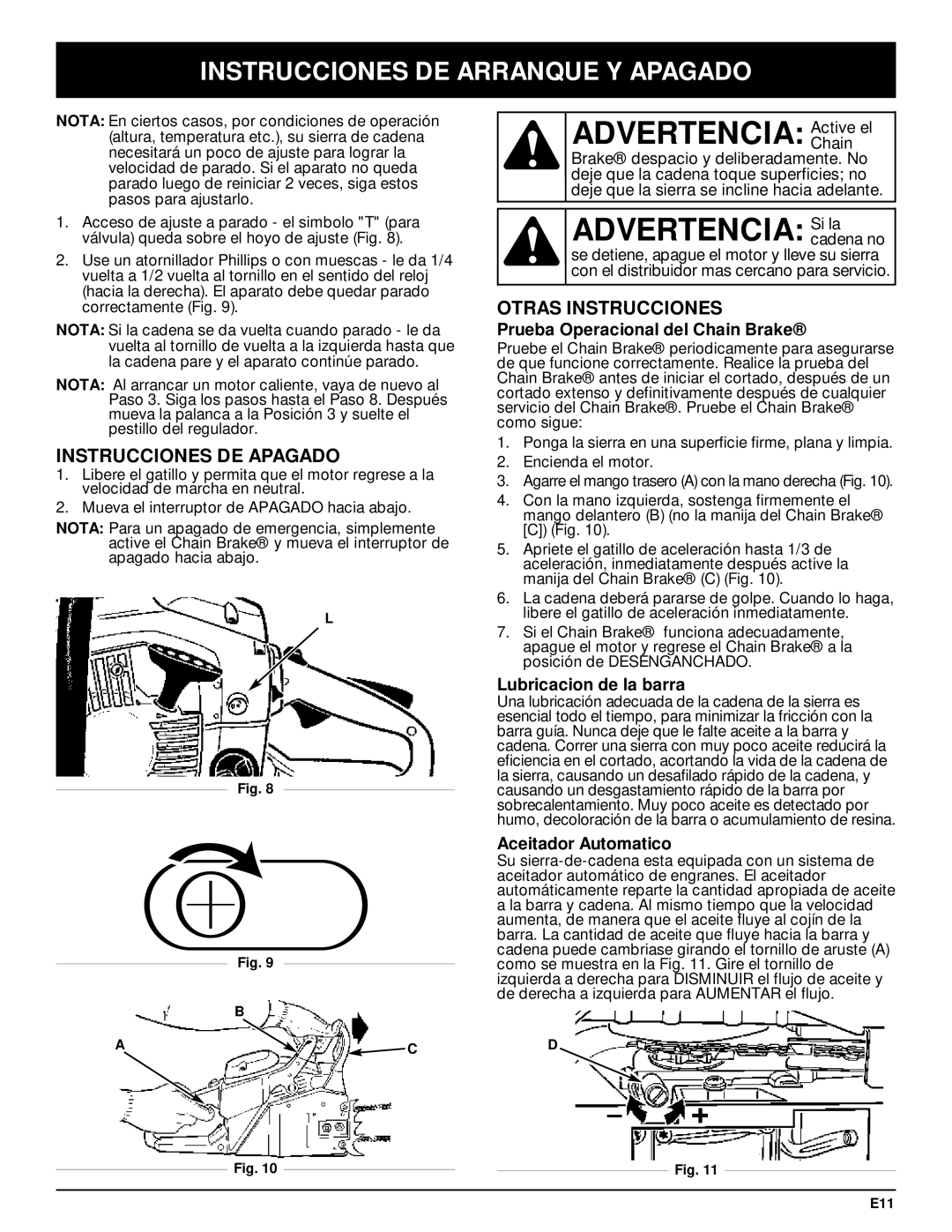 Troy-Bilt TB5018CC, TB5020CC manual Advertencia ActiveChain el, Advertencia Sicadenala no, Instrucciones DE Apagado 