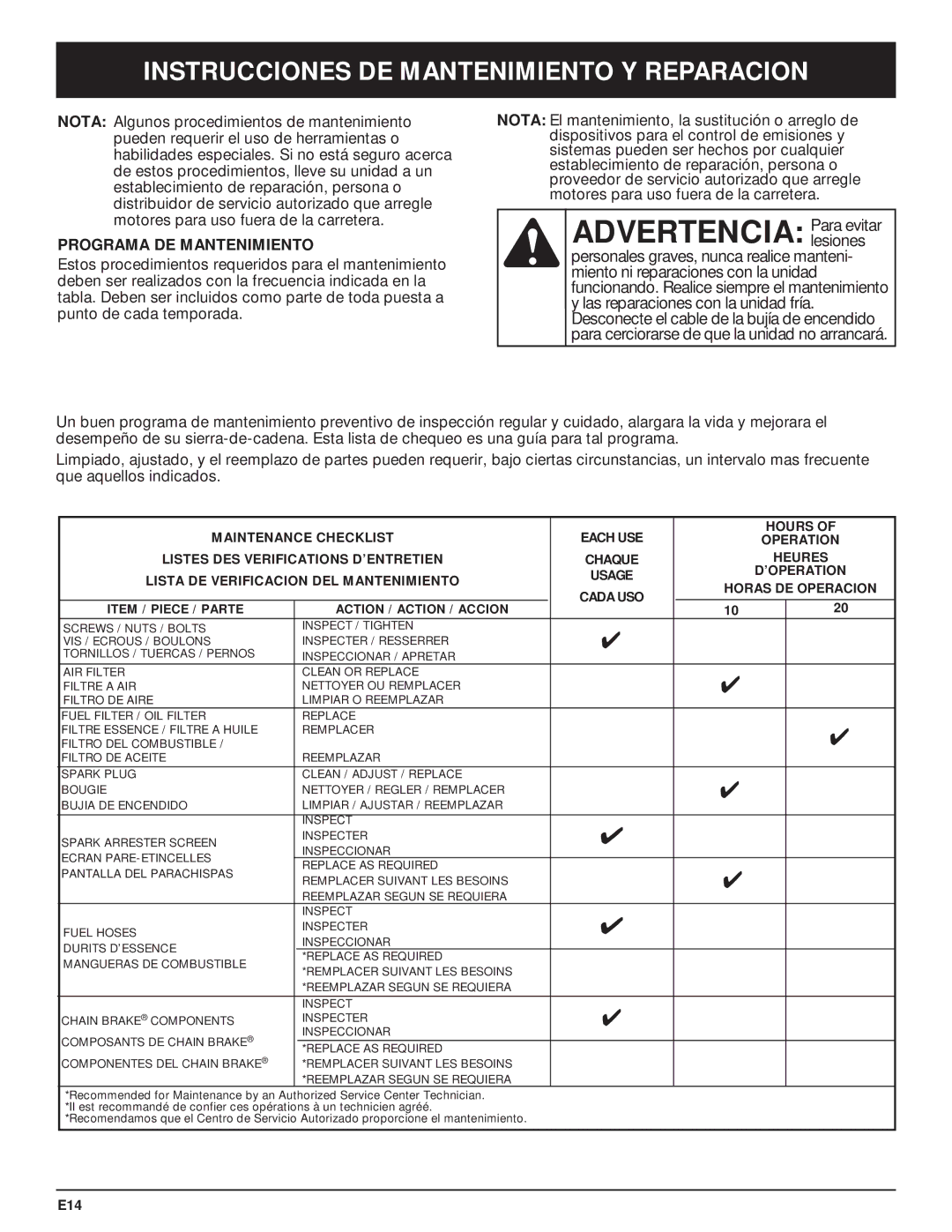 Troy-Bilt TB5018CC, TB5020CC manual Advertencia Para evitar, Instrucciones DE Mantenimiento Y Reparacion, Lesiones 