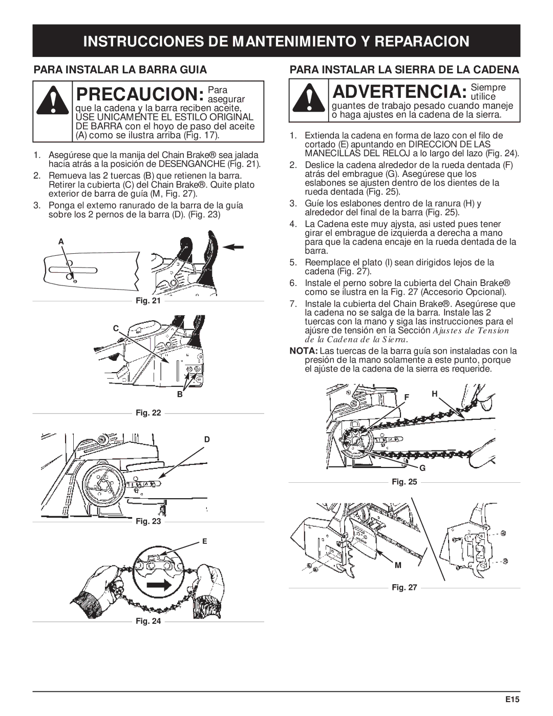 Troy-Bilt TB5018CC, TB5020CC manual Para Instalar LA Barra Guia, Para Instalar LA Sierra DE LA Cadena 