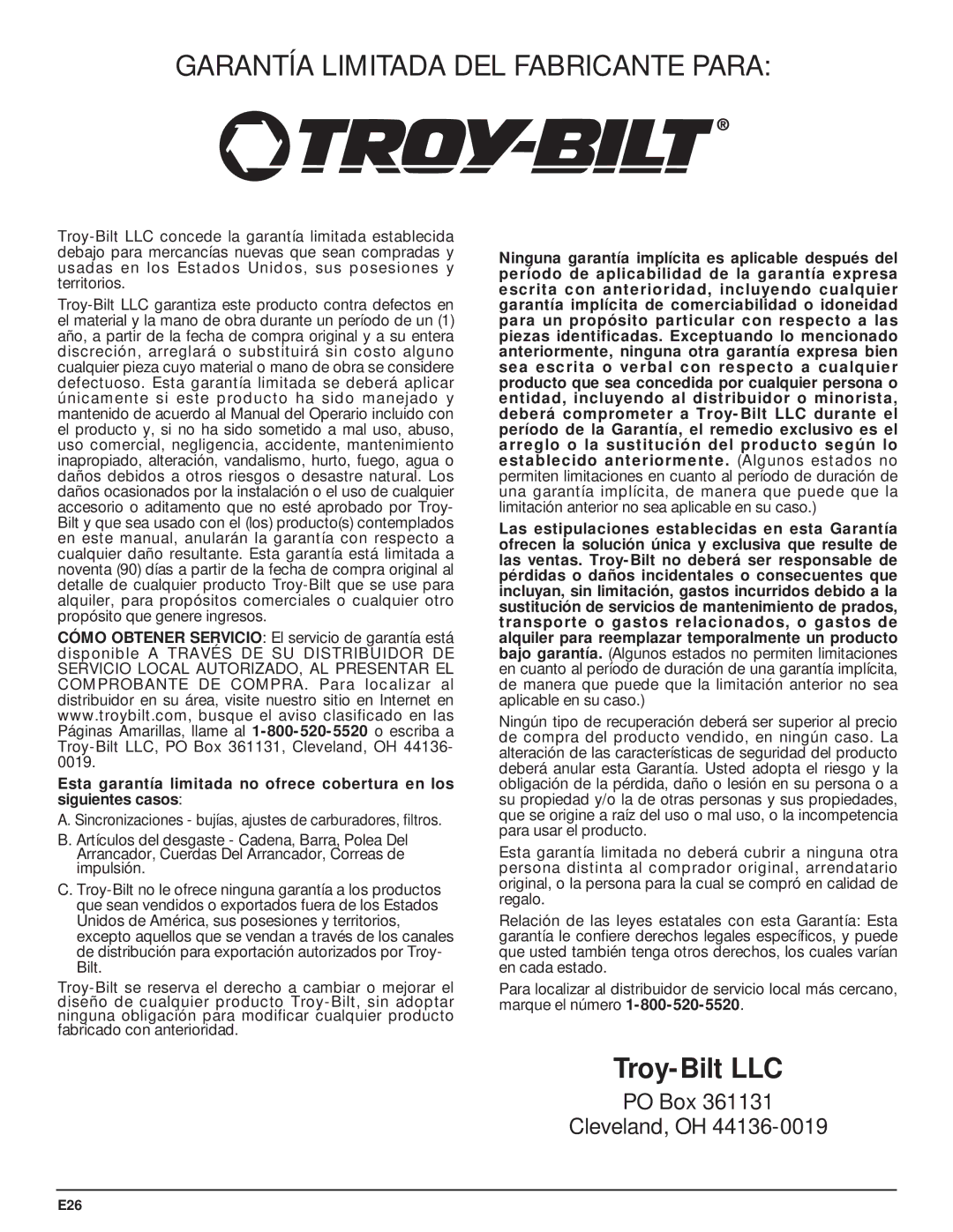 Troy-Bilt TB5018CC, TB5020CC manual Garantía Limitada DEL Fabricante Para 