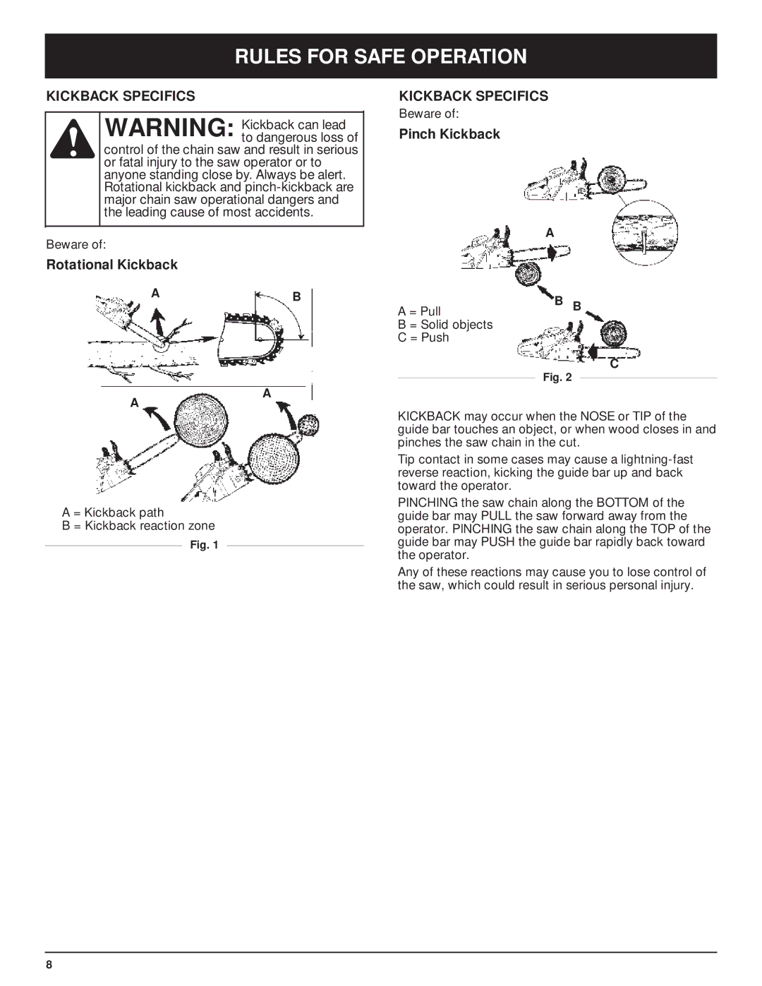 Troy-Bilt TB5018CC, TB5020CC manual Kickback Specifics, Rotational Kickback, Pinch Kickback 