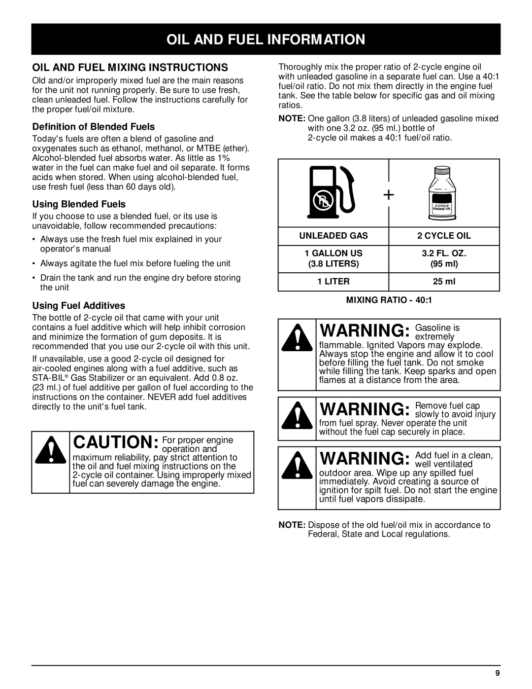 Troy-Bilt TB5018CC, TB5020CC manual OIL and Fuel Information, OIL and Fuel Mixing Instructions, Definition of Blended Fuels 