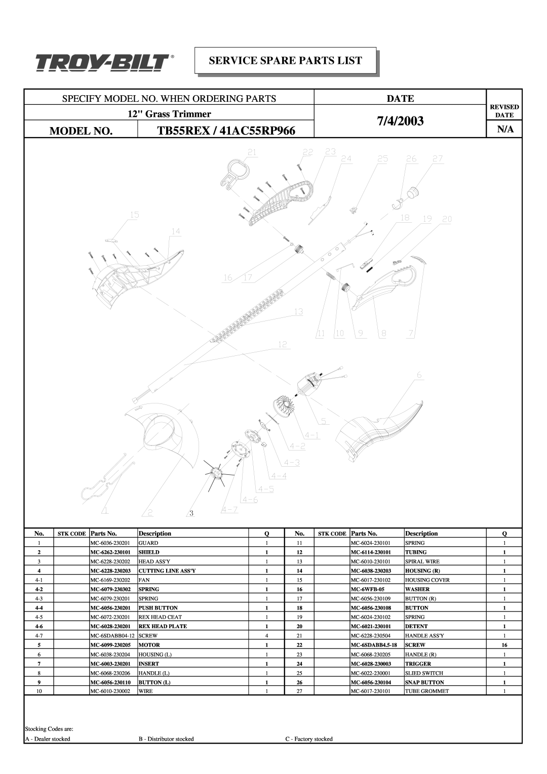 Troy-Bilt manual 7/4/2003, TB55REX / 41AC55RP966, Service Spare Parts List, Model No, Date, Grass Trimmer, Revised 