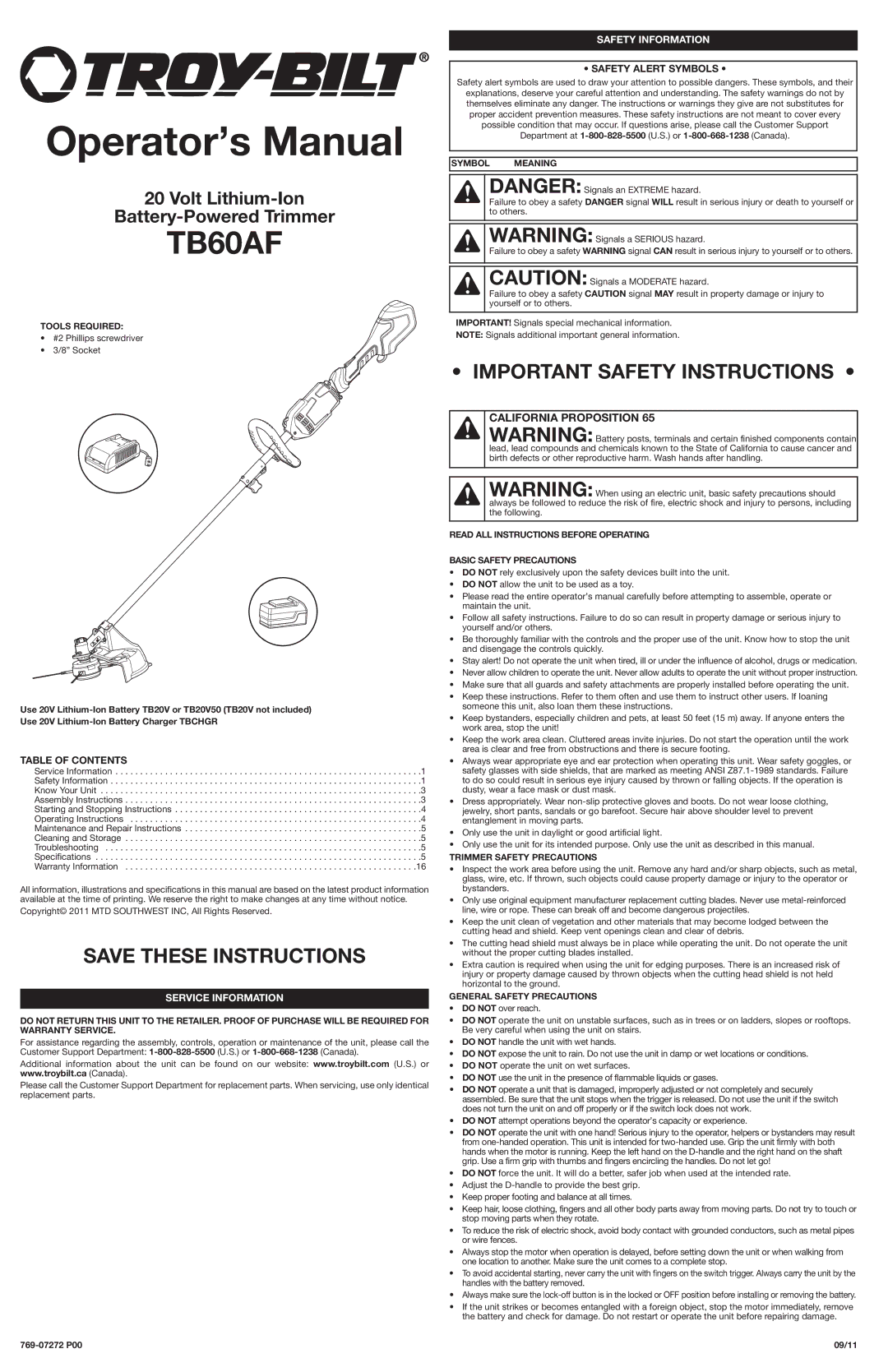 Troy-Bilt TB60AF important safety instructions Table of Contents, Service Information, Safety Information 