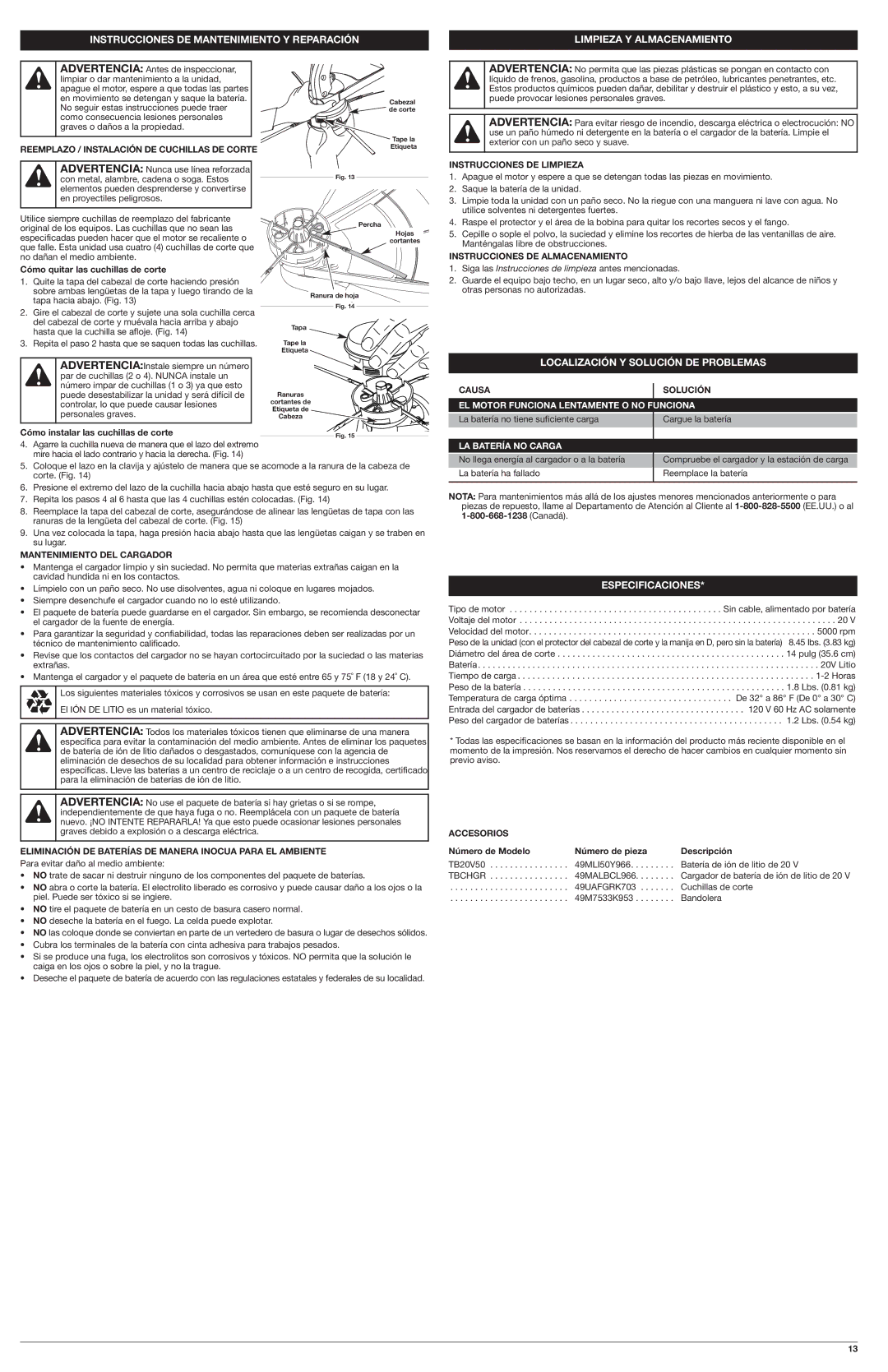 Troy-Bilt TB60AF important safety instructions Localización Y Solución DE Problemas, Especificaciones 