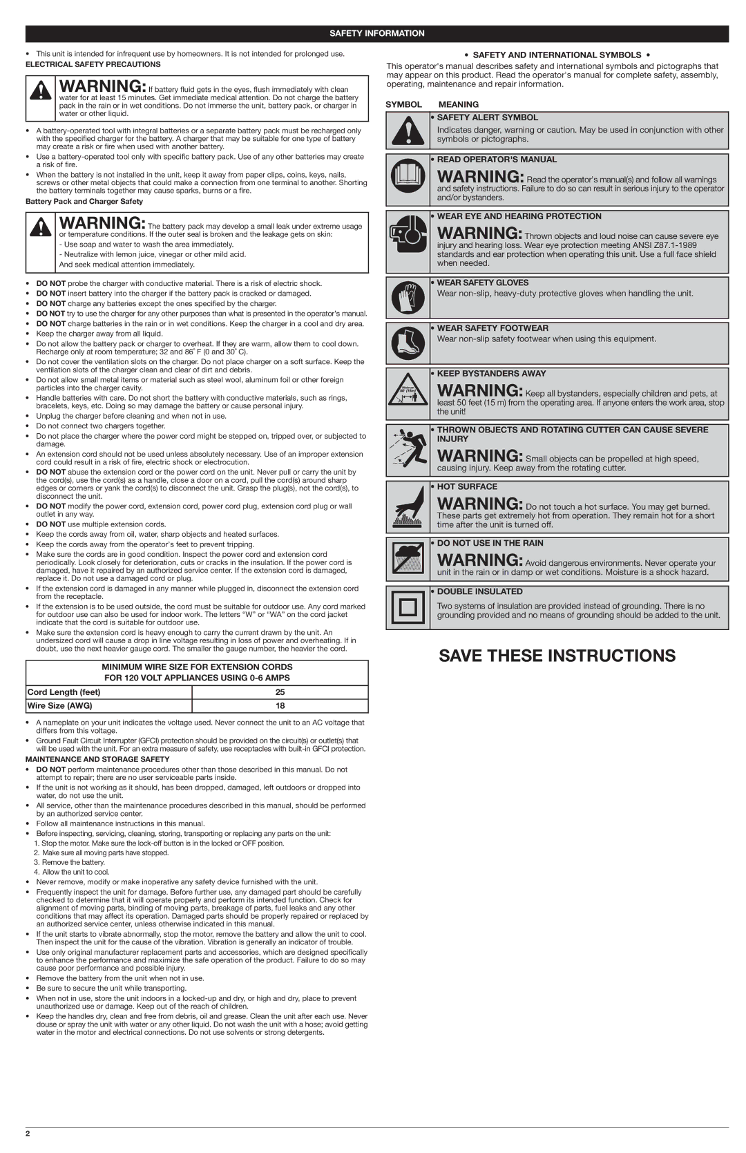 Troy-Bilt TB60AF Safety and International Symbols, Symbol Meaning Safety Alert Symbol, Wear Safety Footwear 