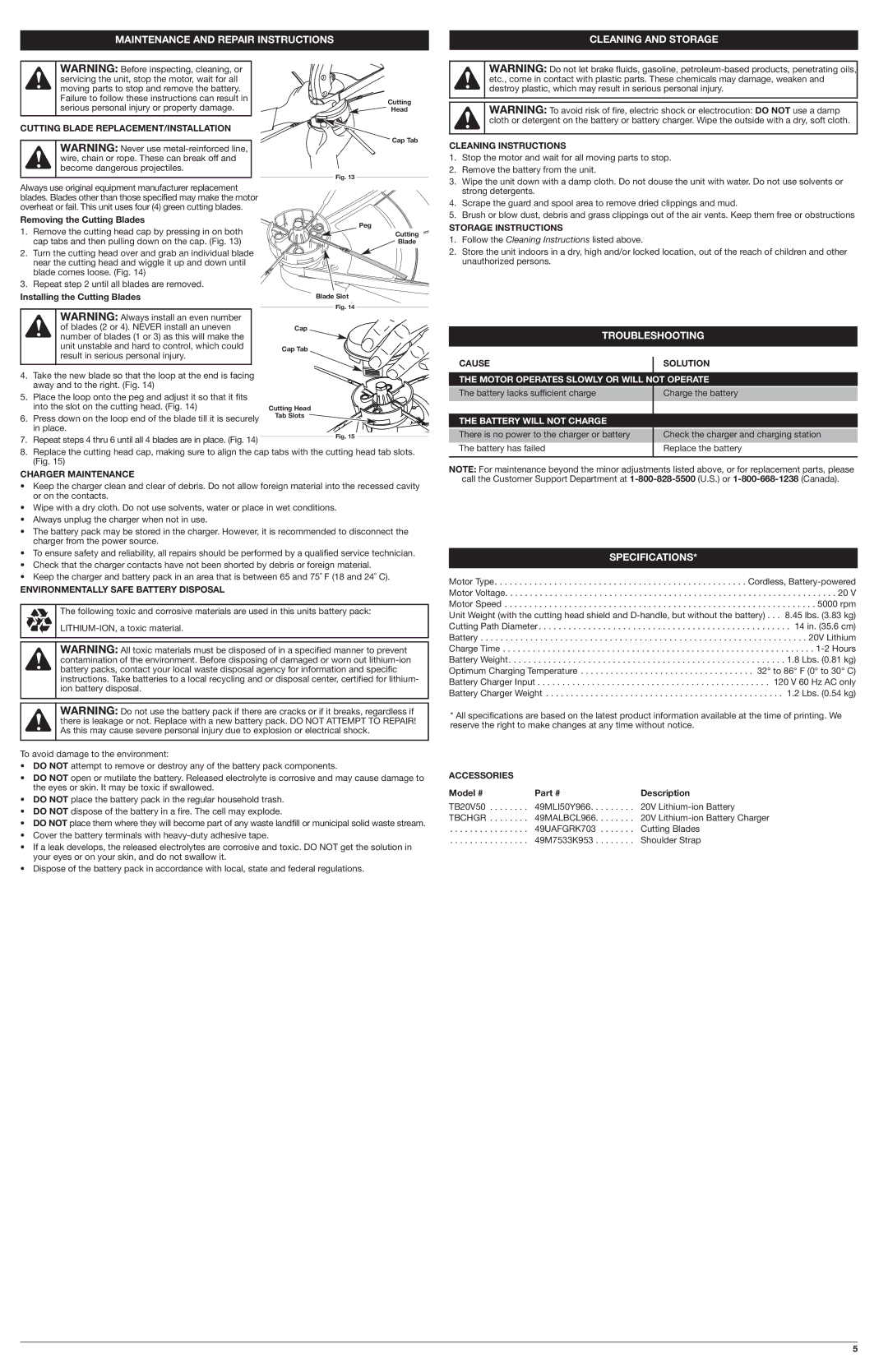 Troy-Bilt TB60AF Maintenance and Repair Instructions, Cleaning and Storage, Troubleshooting, Specifications 