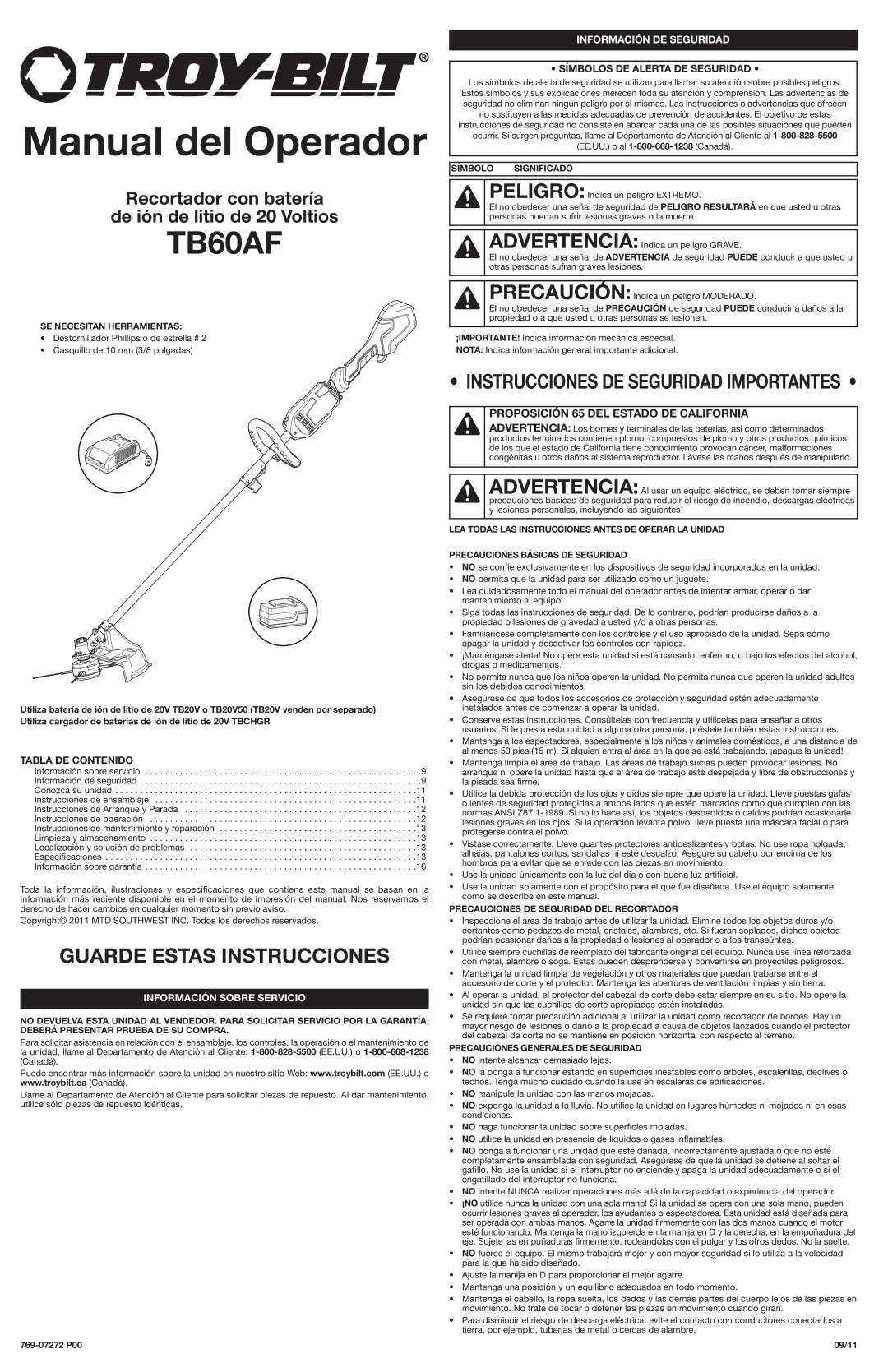 Troy-Bilt TB60AF Información DE Seguridad, Símbolos DE Alerta DE Seguridad, Tabla DE Contenido, Información Sobre Servicio 