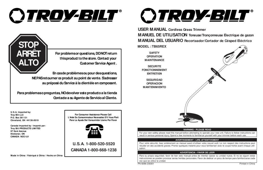 Troy-Bilt TB65REX user manual Alto 