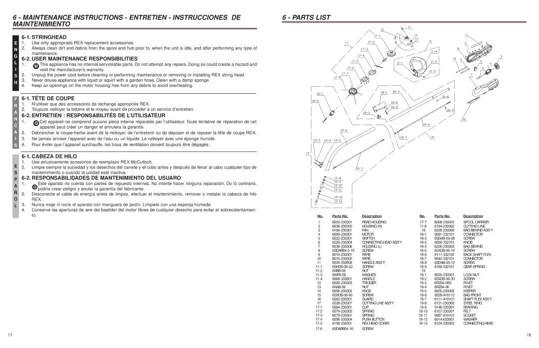 Troy-Bilt TB65REX user manual Stringhead, User Maintenance Responsibilities, 1. Tête DE Coupe, Cabeza DE Hilo 