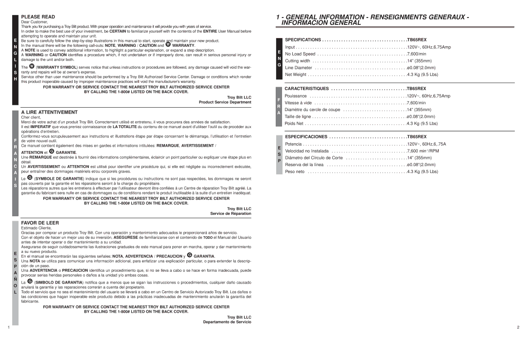 Troy-Bilt TB65REX user manual Please Read 