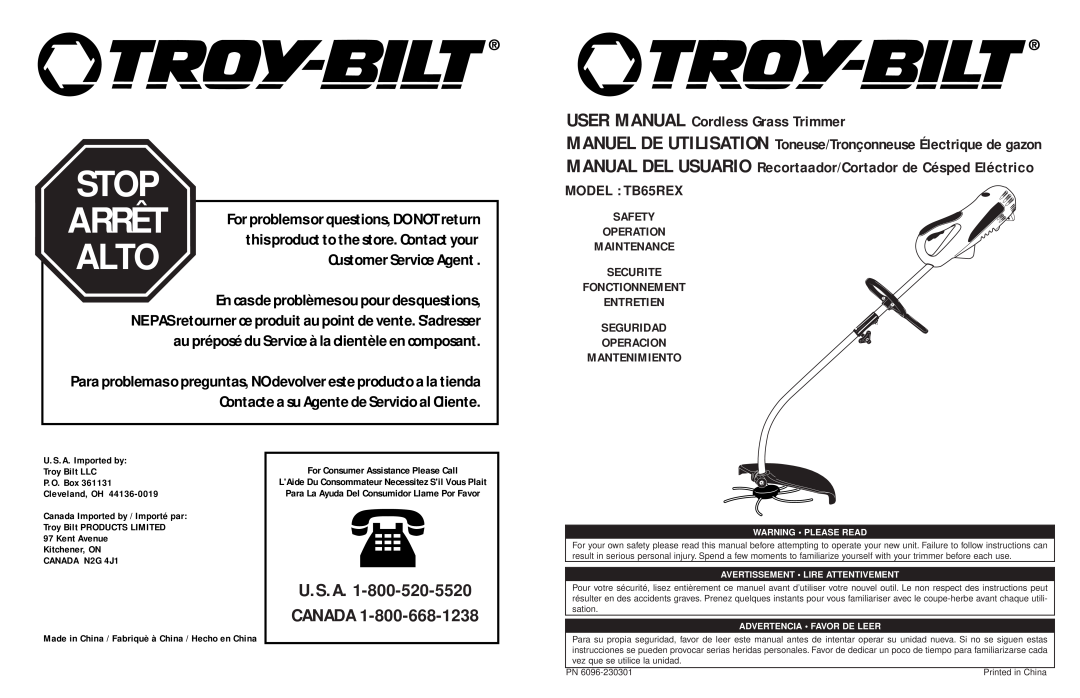 Troy-Bilt user manual MODEL TB65REX SAFETY OPERATION MAINTENANCE SECURITE FONCTIONNEMENT, Warning Please Read, Alto 