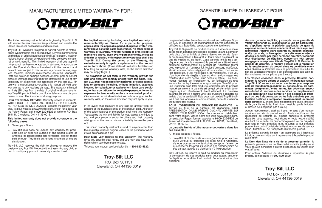 Troy-Bilt TB65REX Manufacturer’S Limited Warranty For, Troy-Bilt LLC, P.O. Box Cleveland, OH, PO Box Cleveland, OH 