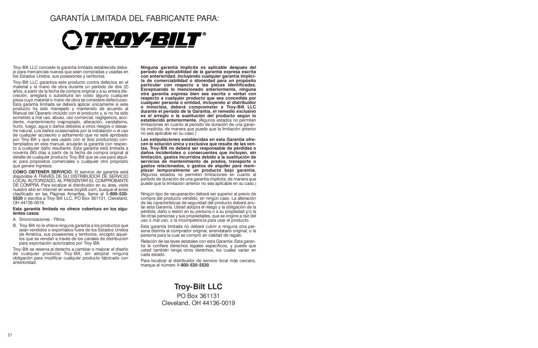 Troy-Bilt TB65REX user manual Garantía Limitada Del Fabricante Para, Troy-Bilt LLC, PO Box Cleveland, OH 