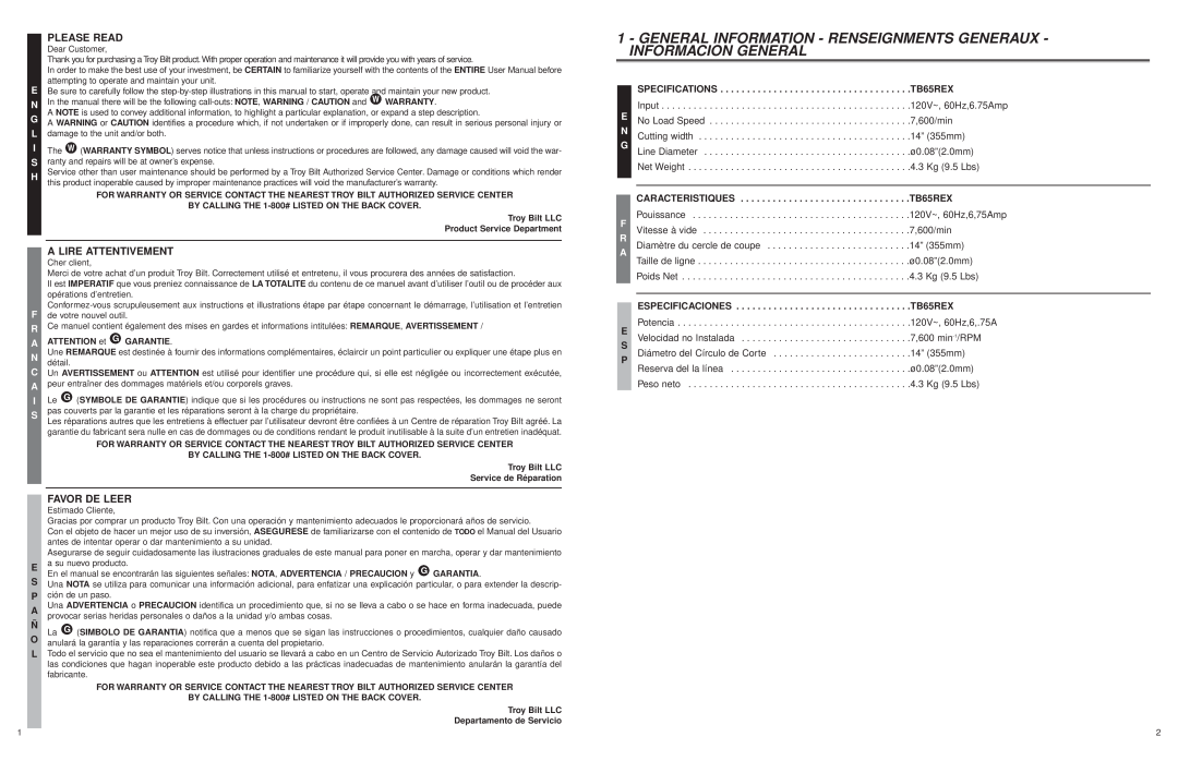 Troy-Bilt TB65REX user manual Please Read, A Lire Attentivement, Favor De Leer, Caracteristiques, Especificaciones 