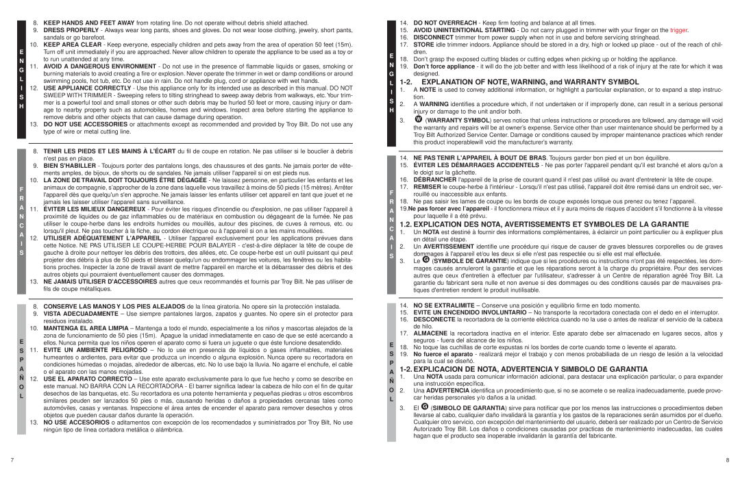 Troy-Bilt TB65REX user manual Explication Des Nota, Avertissements Et Symboles De La Garantie 