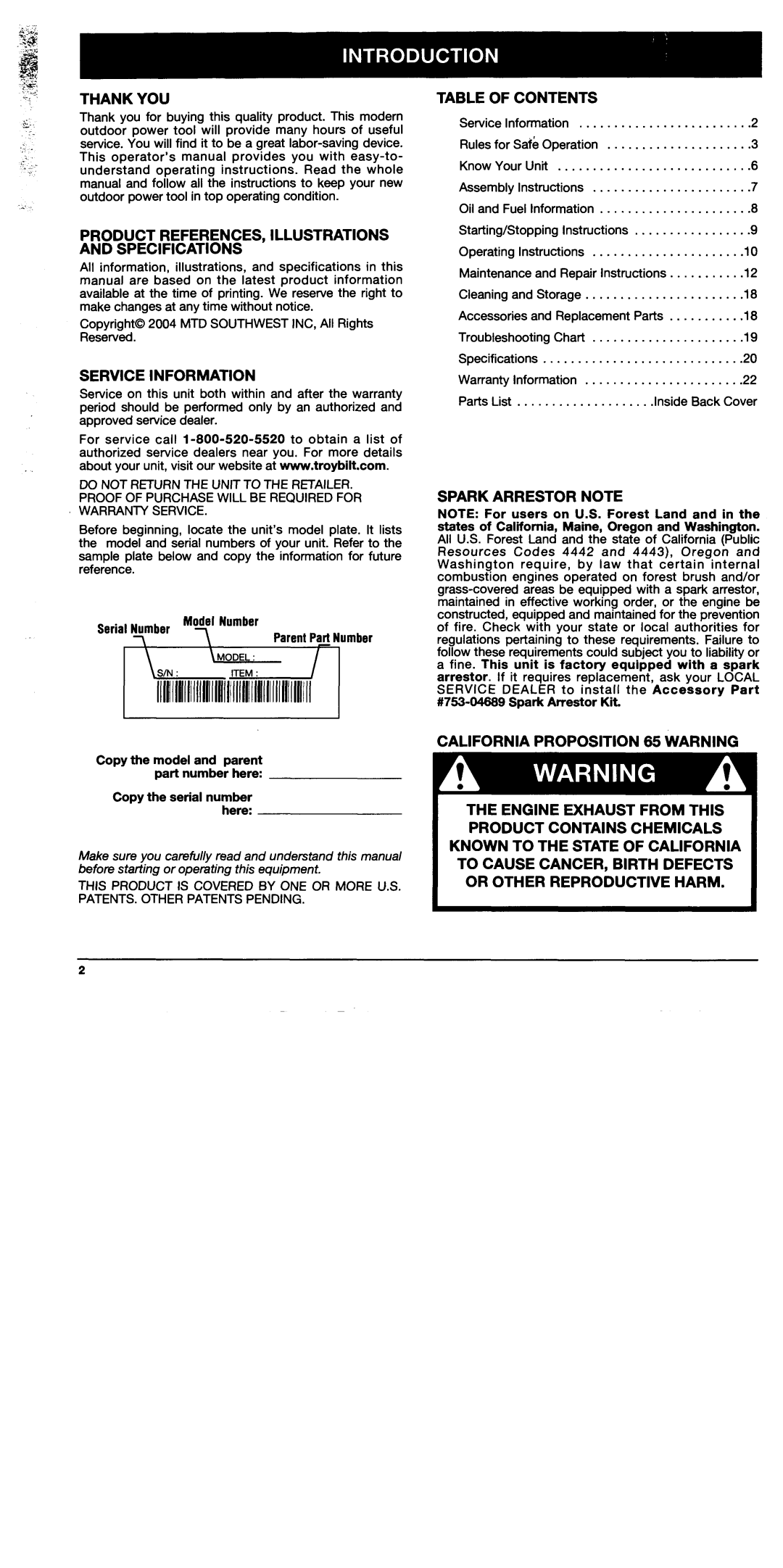 Troy-Bilt TB75SS, TB25CS manual 