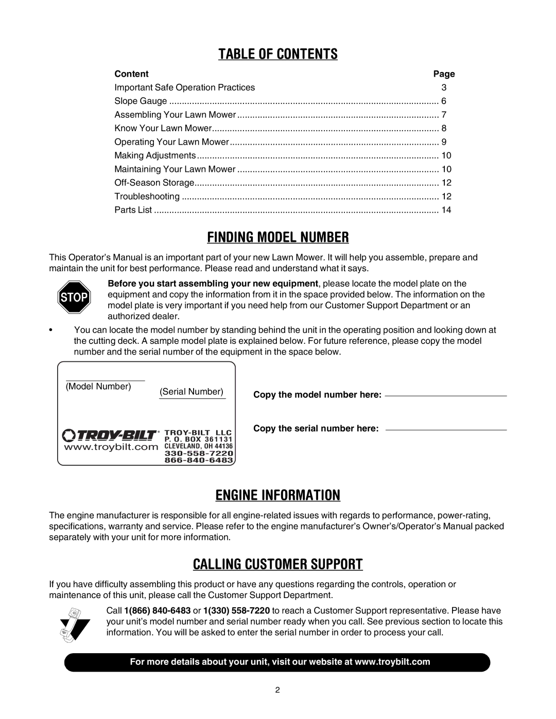 Troy-Bilt TRU CUT 100 manual Table of Contents 