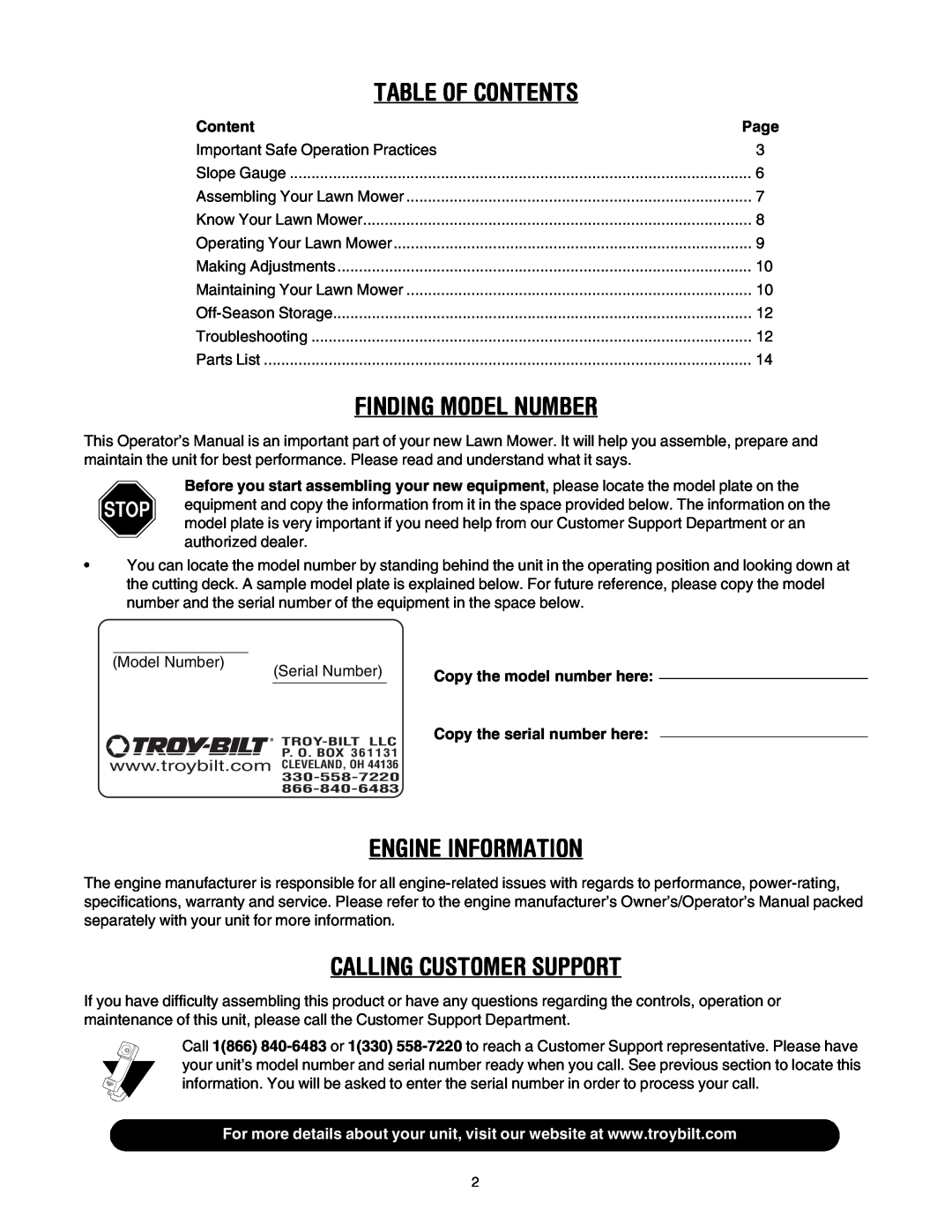 Troy-Bilt TRU CUT 100 manual Table Of Contents, Finding Model Number, Engine Information, Calling Customer Support 