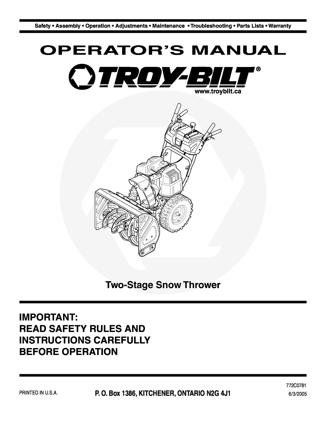 Troy-Bilt Two-Stage Snow Thrower warranty Operator’S Manual, Read Safety Rules And Instructions Carefully Before Operation 