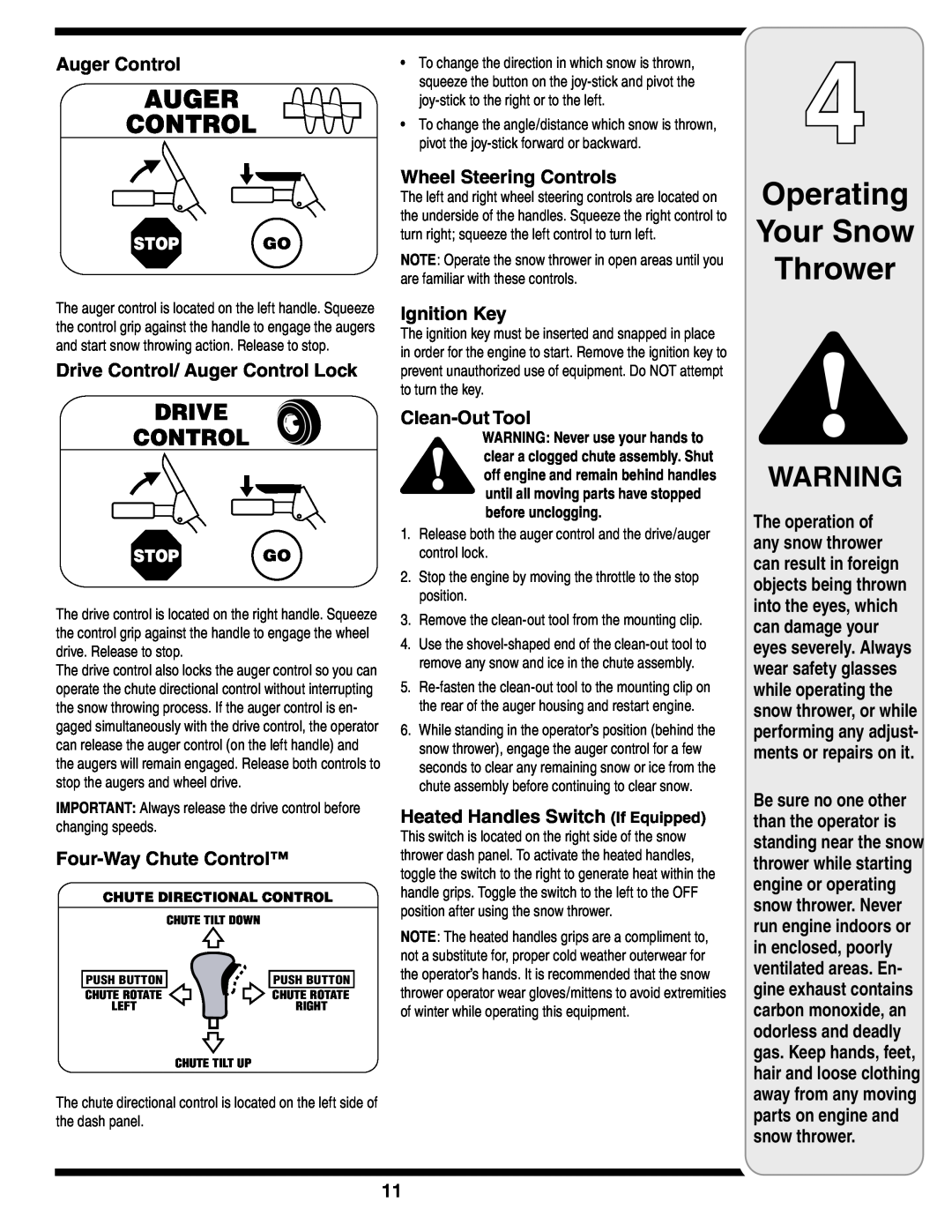 Troy-Bilt Two-Stage Snow Thrower warranty Operating Your Snow Thrower, Drive Control/ Auger Control Lock, Ignition Key 