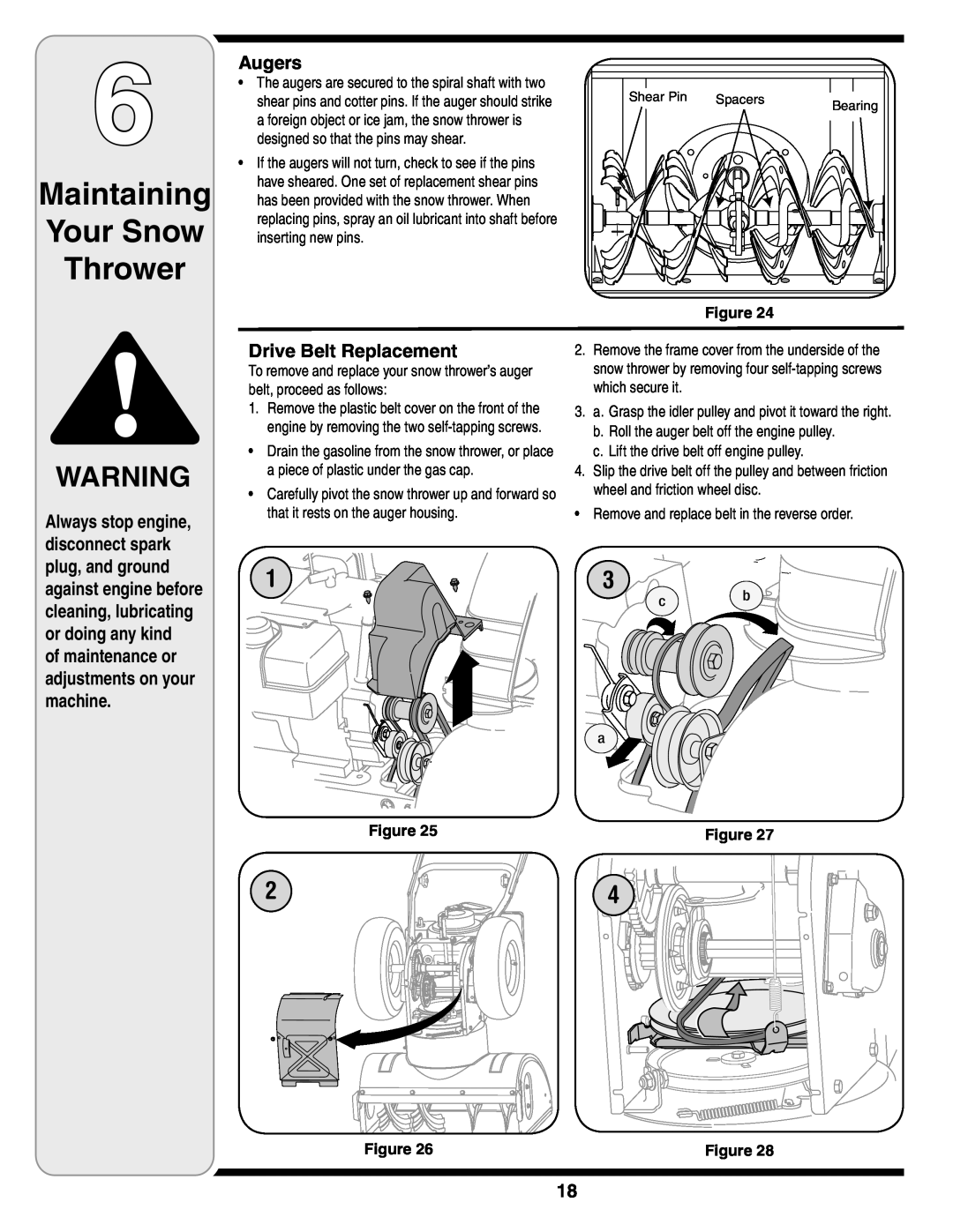 Troy-Bilt Two-Stage Snow Thrower warranty Maintaining Your Snow Thrower, Augers, Drive Belt Replacement 