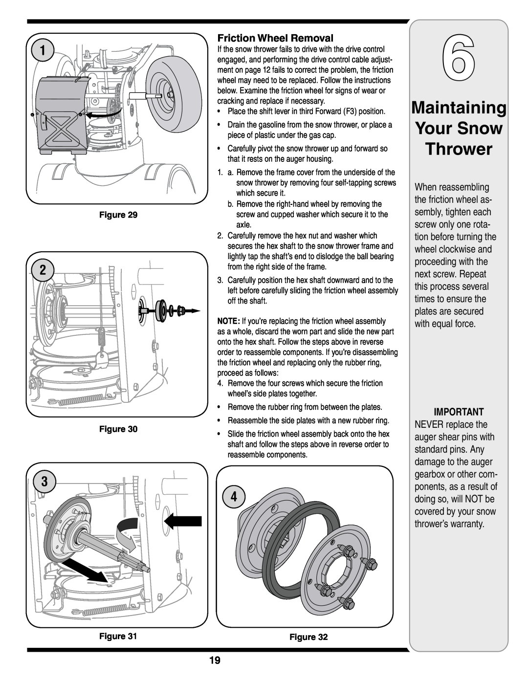 Troy-Bilt Two-Stage Snow Thrower warranty Maintaining Your Snow Thrower, Friction Wheel Removal 