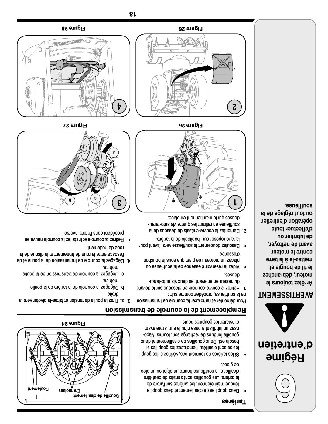 Troy-Bilt Two-Stage Snow Thrower d’entretien Régime, Avertissement, transmission de courroie la de Remplacement, Tarières 