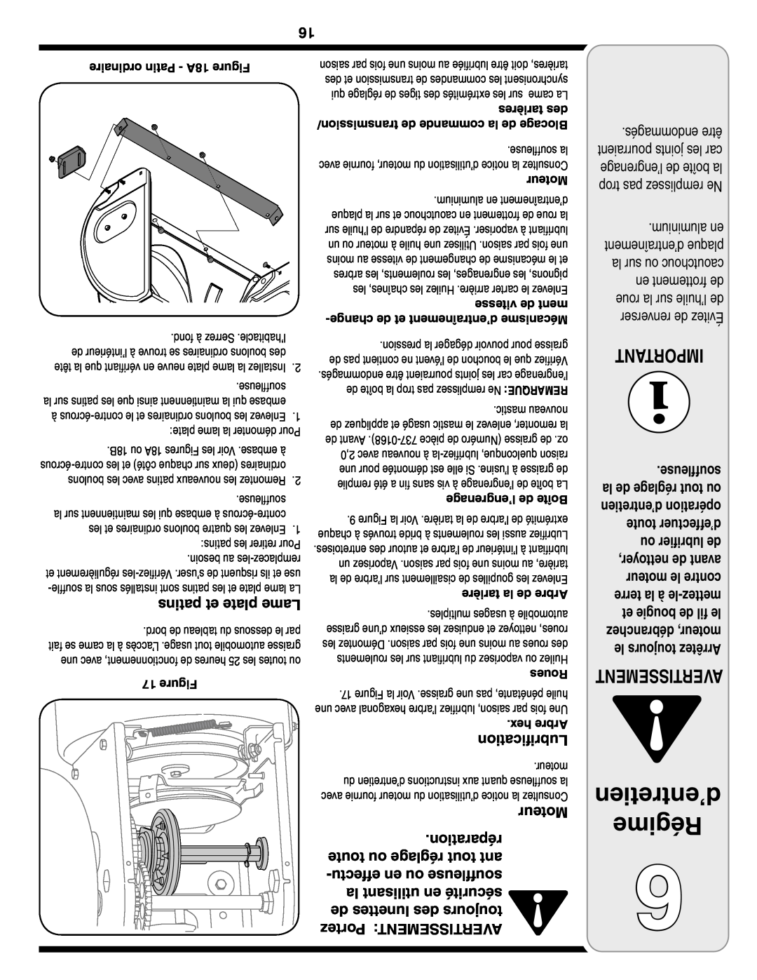 Troy-Bilt Two-Stage Snow Thrower d’entretien Régime, Avertissement, patins et plate Lame, ordinaire Patin - 18A Figure 