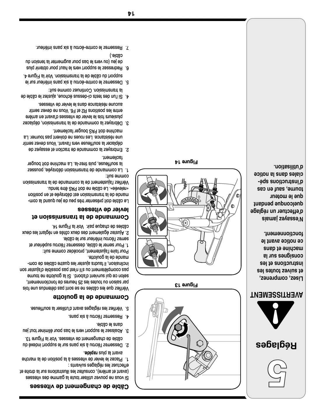 Troy-Bilt Two-Stage Snow Thrower Réglages, Avertissement, vitesses de levier, et transmission la de Commande, Figure 